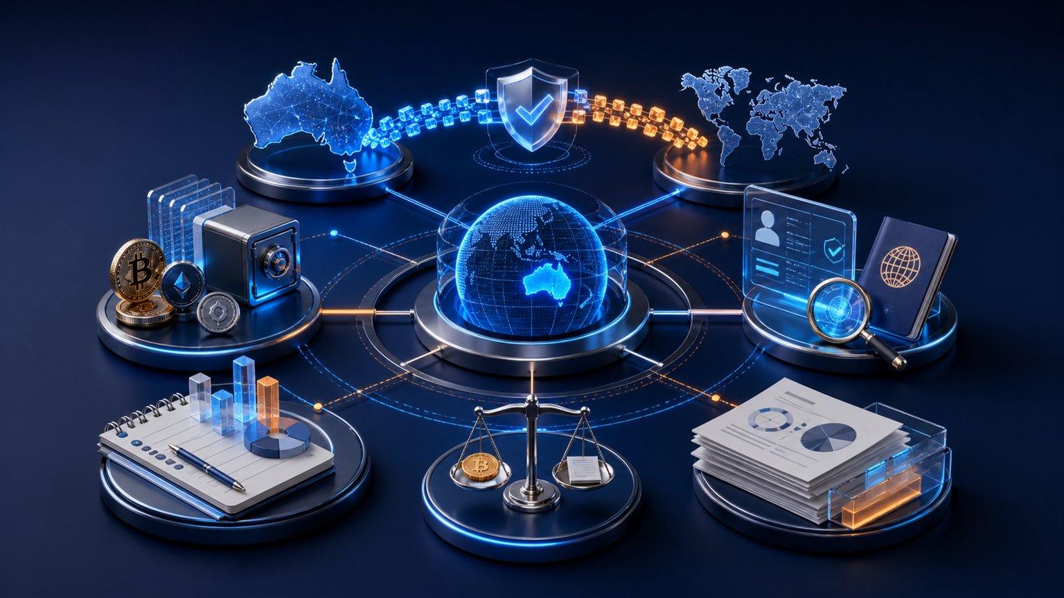 Modern editorial illustration for the crypto tax article “CARF in Australia: October 2026 Draft Law, Timeline and ATO Records”