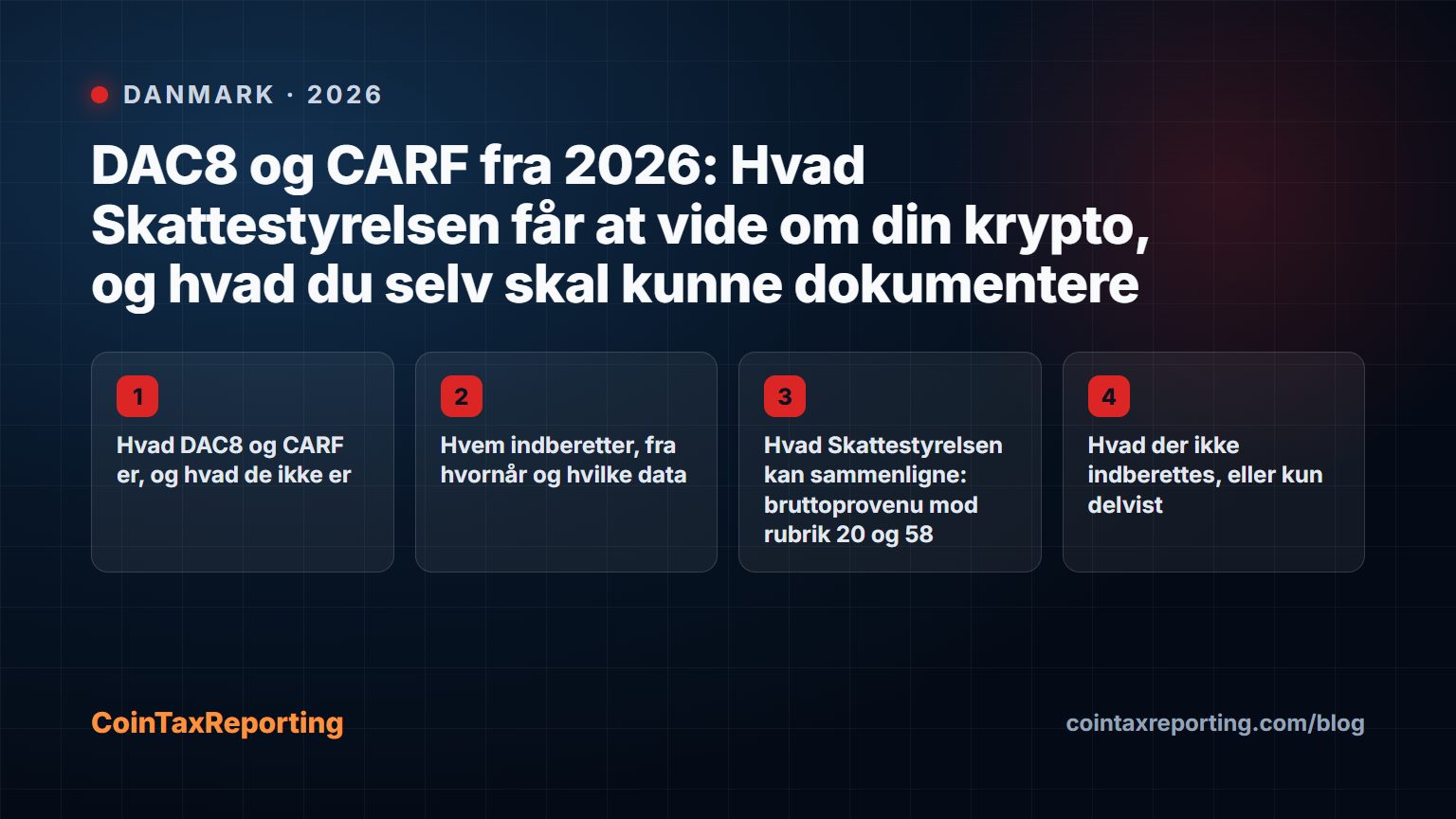 Modern editorial illustration for the crypto tax article “DAC8 og CARF fra 2026: Hvad Skattestyrelsen får at vide om din krypto, og hvad du selv skal kunne dokumentere”