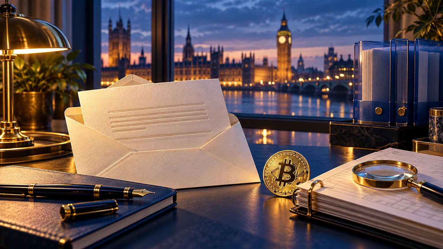 Modern editorial illustration for the crypto tax article “Got an HMRC Crypto Letter? What It Means and What to Do in 2026”