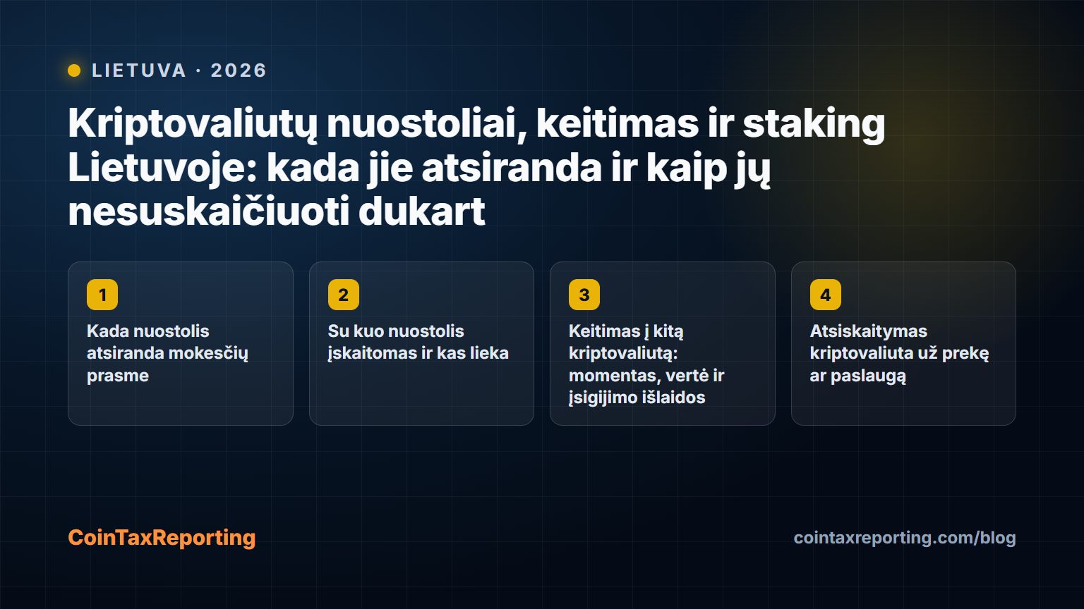Modern editorial illustration for the crypto tax article “Kriptovaliutų nuostoliai, keitimas ir staking Lietuvoje: kada jie atsiranda ir kaip jų nesuskaičiuoti dukart”