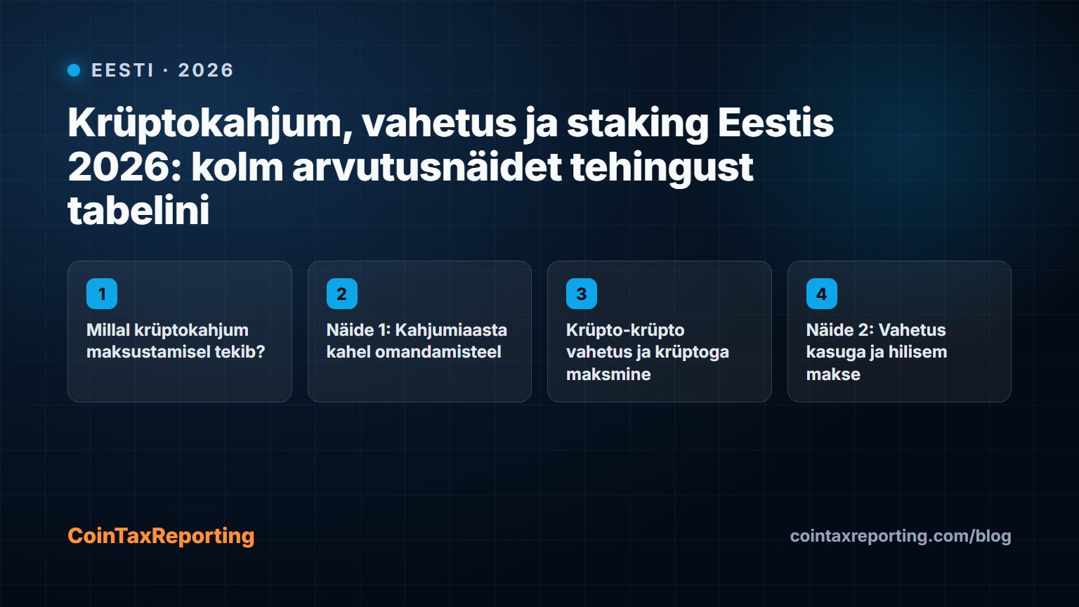 Modern editorial illustration for the crypto tax article “Krüptokahjum, vahetus ja staking Eestis 2026: kolm arvutusnäidet tehingust tabelini”
