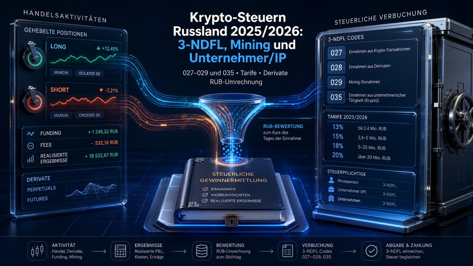Moderne redaktionelle Illustration zum Artikel „Krypto-Steuern in Russland: private Verkäufe, Mining und 3-NDFL“ über Krypto-Steuern