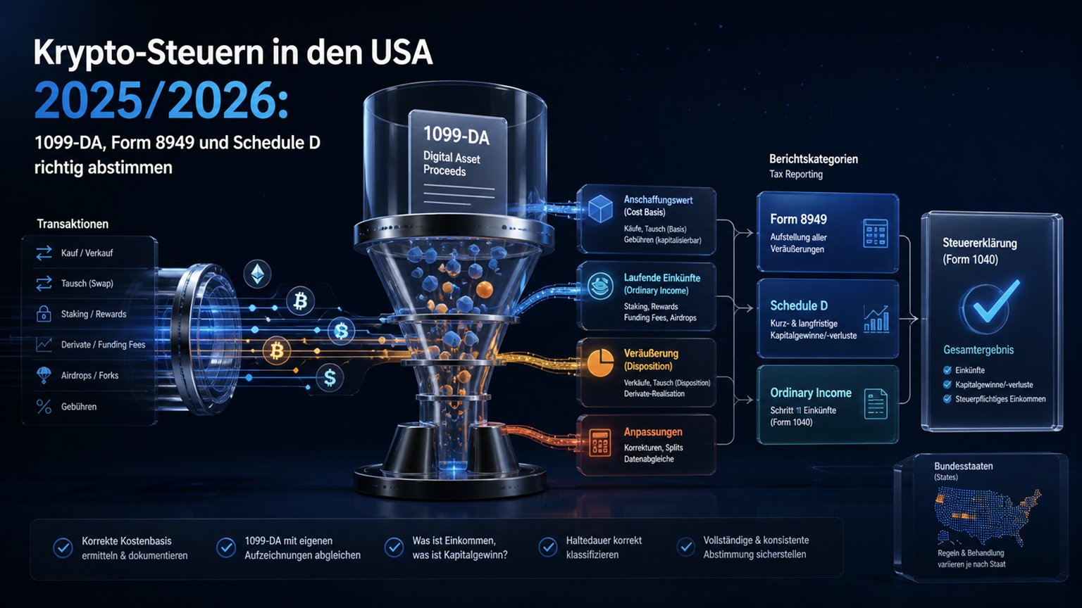Moderne redaktionelle Illustration zum Artikel „Krypto-Steuern in den USA: Steuersätze, Beispiele und Steuererklärung 2025/2026“ über Krypto-Steuern