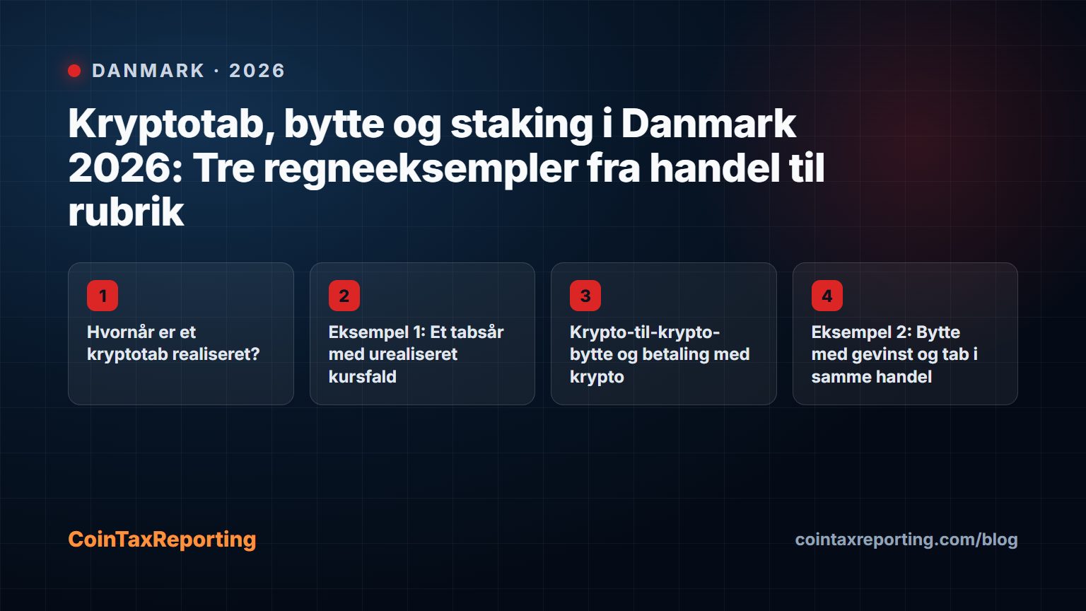 Modern editorial illustration for the crypto tax article “Kryptotab, bytte og staking i Danmark 2026: Tre regneeksempler fra handel til rubrik”