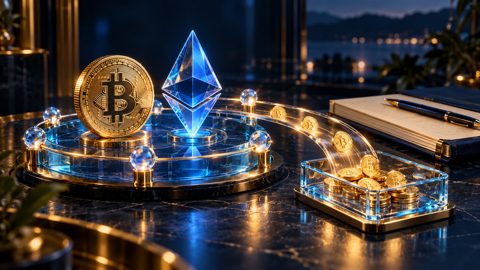 Moderne redaktionelle Illustration zum Artikel „Staking und Lending ab 2027: Was der BMF-Entwurf für Rewards vorsieht“ über Krypto-Steuern